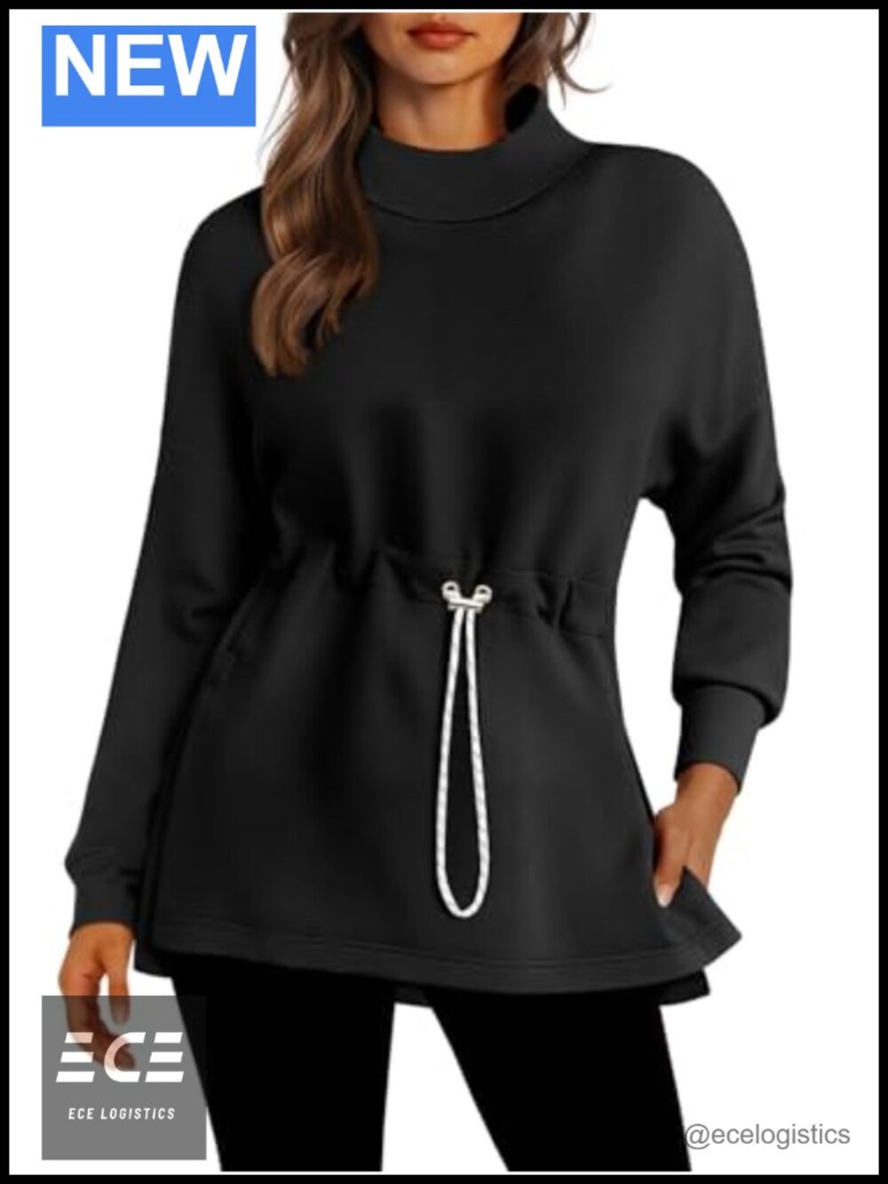 Turtleneck Sweatshirt Tunic Pullover with Drawstring Waist Side Slit